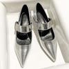 Coarse heel pointed head silver Mary Jane shoes women's 2025 new Velcro word with soft leather temperament high heels