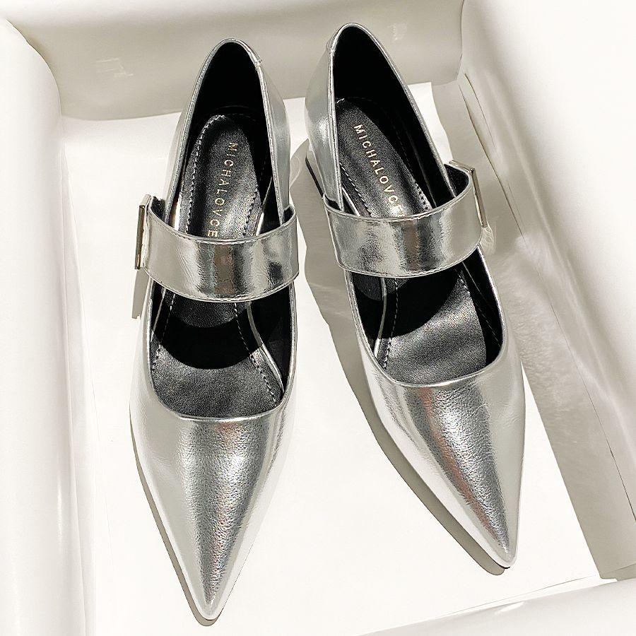 Coarse heel pointed head silver Mary Jane shoes women's 2025 new Velcro word with soft leather temperament high heels