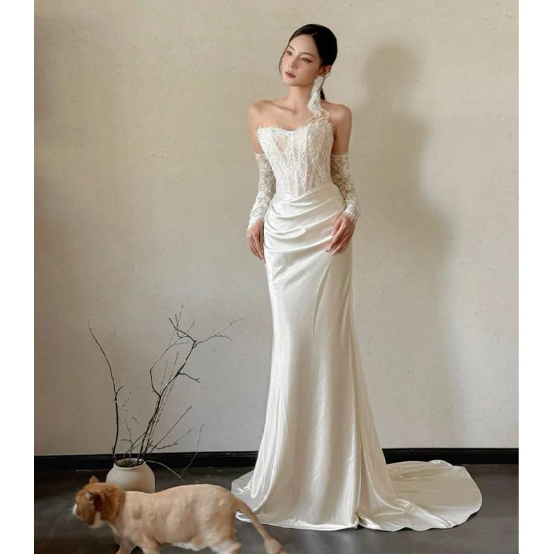 French lace light wedding dress tube top retro high-end sense satin bride fishtail engagement welcome out dress dress dress