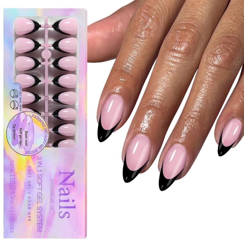 150Pcs Black French Tip Gel Nail Tips Short Coffin Shape Press on Nails Short for Women False Nails 15 Sizes