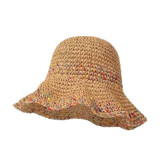 Chapéu de Pescador Cor Arco-Íris Misturada Palha Artesanal Vazado Respirável Proteção Solar Facial Completa Aba Larga Dobrável Portátil Chapéu de Férias