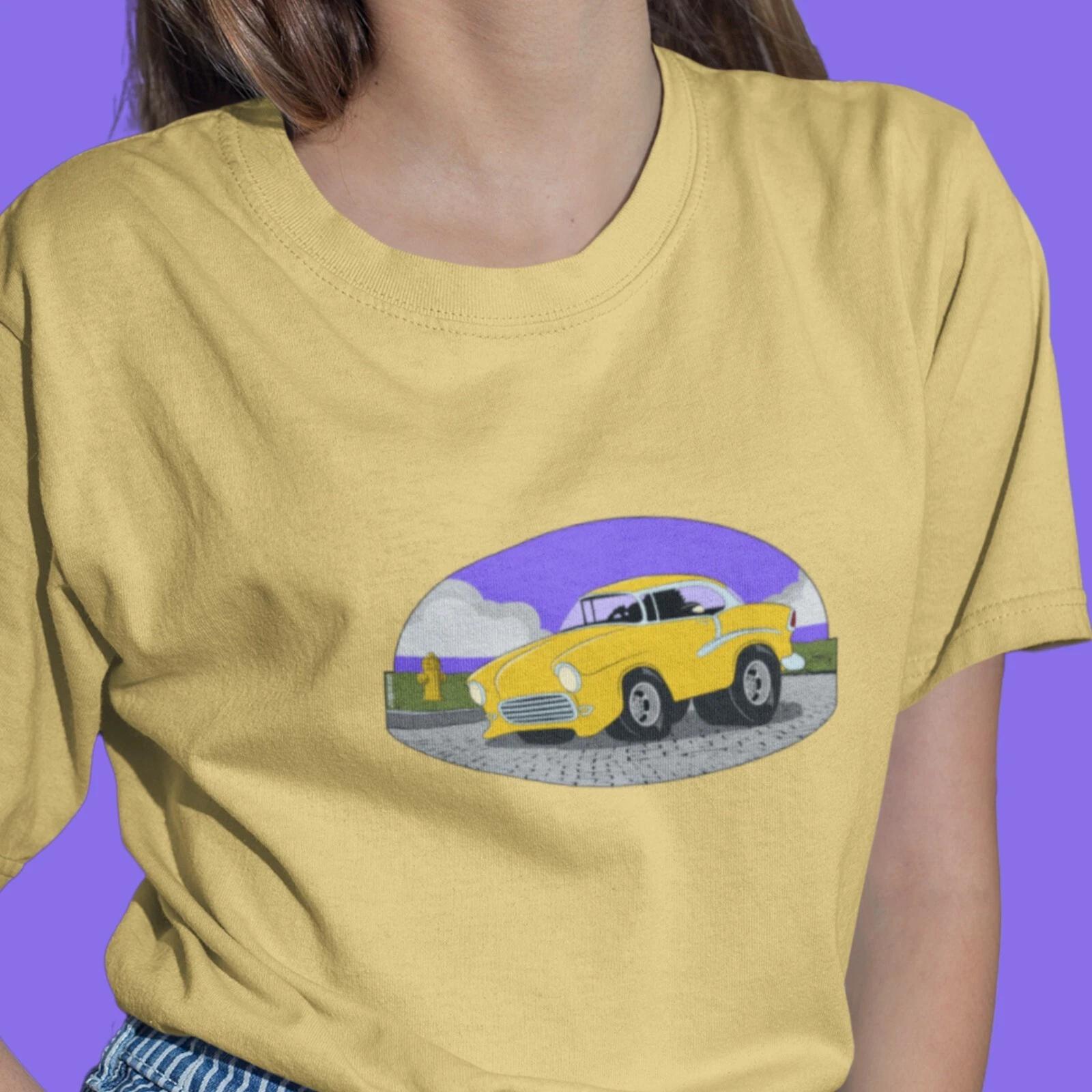 

Желтая футболка унисекс с коротким рукавом, мультяшный хот-род 55 Chevy, маслкар 50-х S
