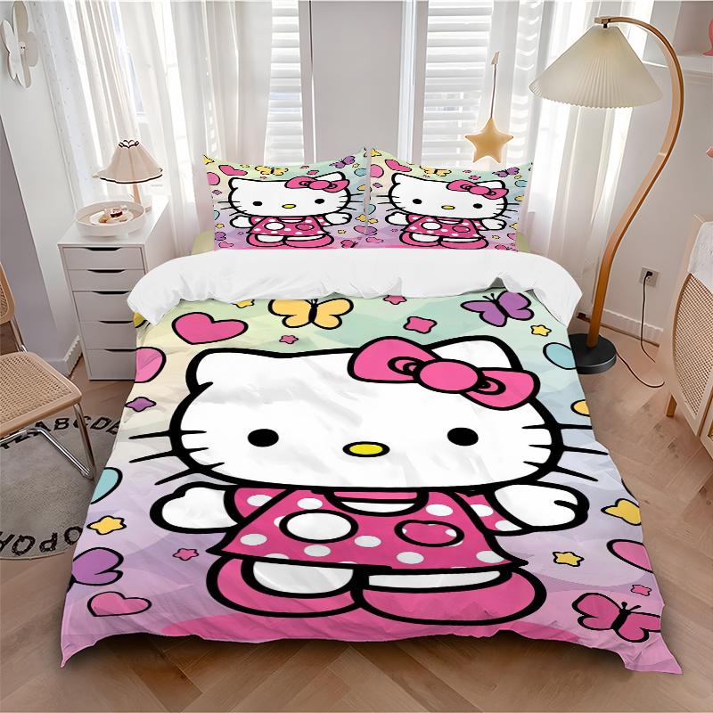 3pcs Hello Kitty & Butterfly Bedding Set, Including 1 Quilt Cover and 2 Pillow Shams, Without Filling, Soft and Comfortable Home Bedroom W033