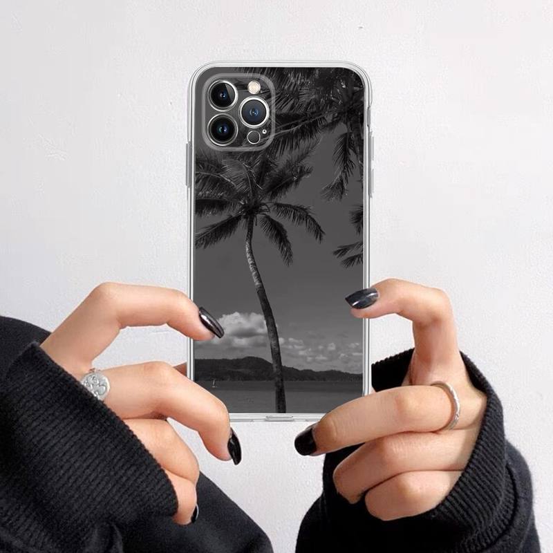 Black white palm leaves palm trees Phone Case For iPhone 14 13 12 11 Pro Max XS X XR SE 2020 6 7 8 Plus Mini Transparent Shell