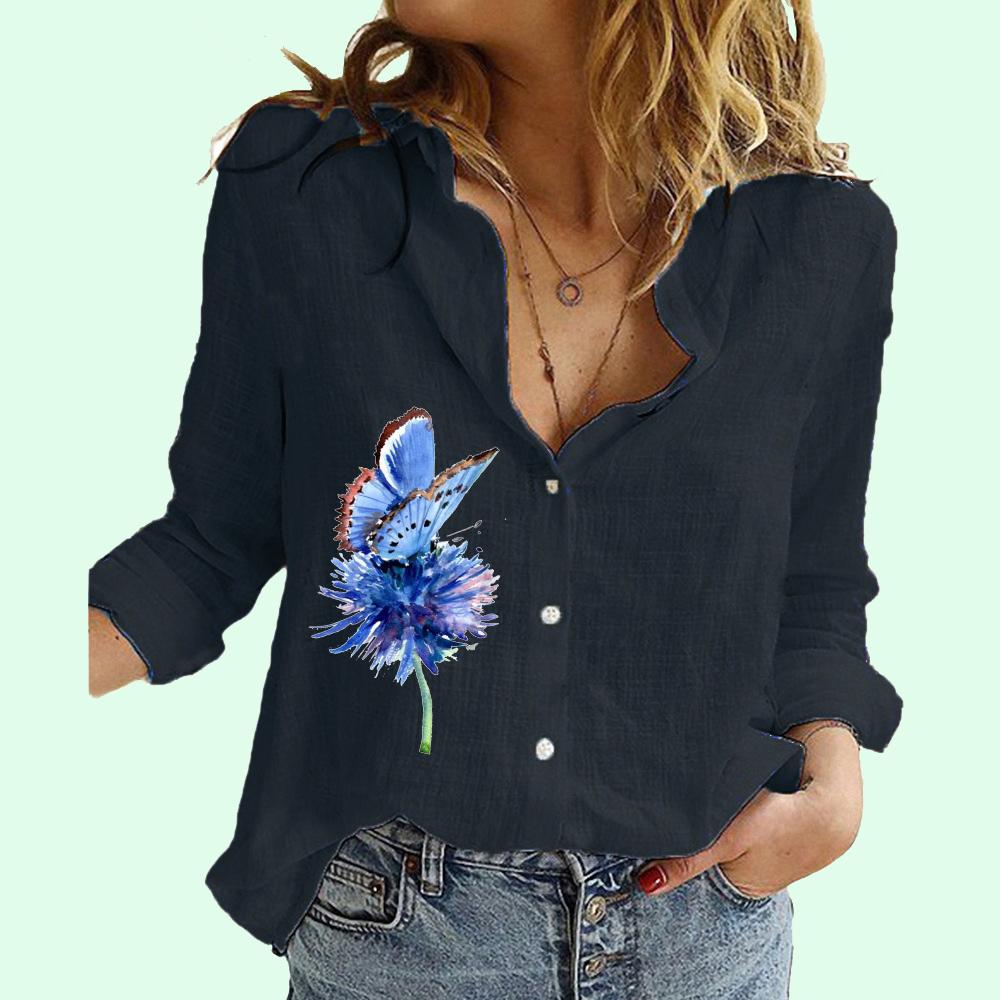 Women Fashion Lapel Neck Long Sleeve T-shirt Summer&fall Casual Floral Print Cotton Linen Top Female Loose Buttoned Blouses