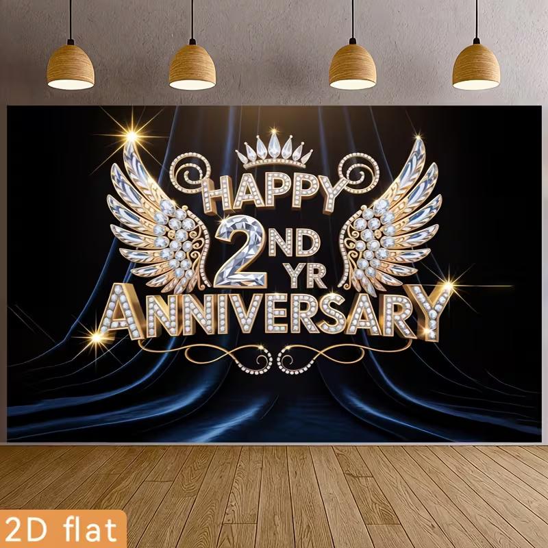 2D 2nd Anniversary Photography Backdrop Black Background with Diamond Wings and Crown