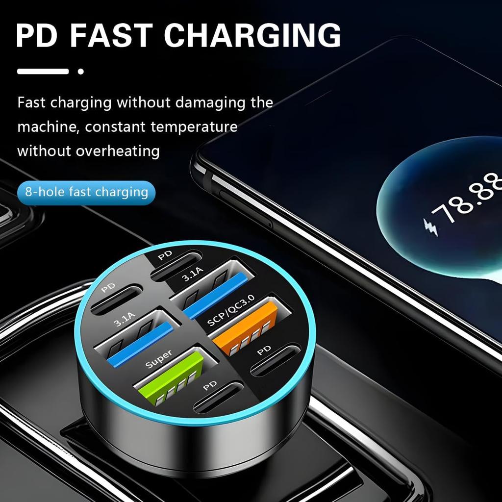 8-Port 66W Car Charger 12-24V with PD & QC 3.0, LED Voltmeter, Universal for Smartphones, Cigarette Lighter Plug, Auto Accessories