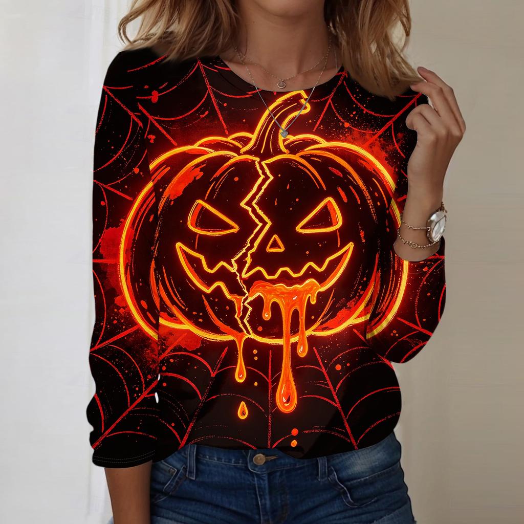 Women's Casual Long Sleeve Pullover Sweatshirt Halloween Print Crew Neck Top Loose Fit Lightweight Comfortable Fabric