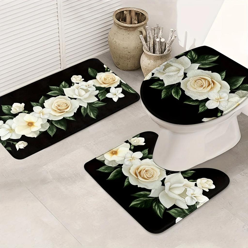 For 3-Piece Rose Valentine Bathroom Set - Machine Washable Polyester with Toilet Seat, U-Shaped Seat and Non-Slip Mat