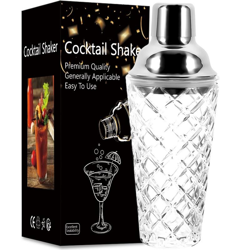 Shaker à cocktail simple en verre Couvercle en acier inoxydable Filtre Motif tressé/ananas Verre à mélange Shaker à cocktail Verre Outils de bar