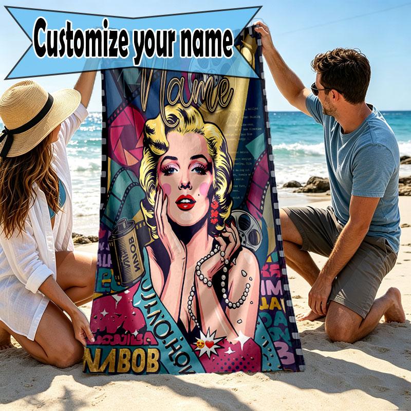 Custom Name Personalized Marilyn Monroe Print Beach Towel, for Trip Camping Beach Party Home Decor, Birthday Gift for Family & Friends