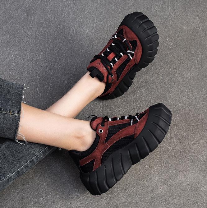 Fashion 5CM Sneakers Women Genuine Leather Thick Soled Big Toe Lace-Up Spring Autumn Lady Casual Flat Shoes Handmade Women Shoes