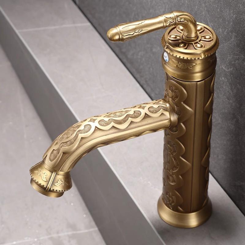 Antique Carved Bathroom Faucet Brass Basin Faucet Bathroom Basin Faucet Copper Tap Rotate Hot & Cold Water Mixer Tap Crane