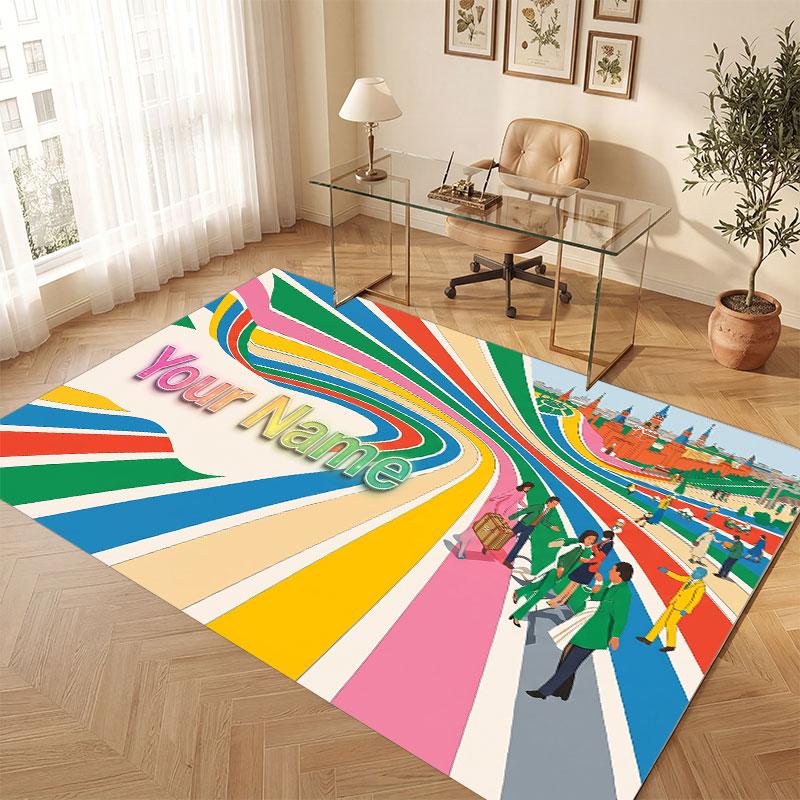 City Cyberpunk Theme Crystal Velvet Floor Rug Personalized Custom Name Text Warm Carpet Home Decoration