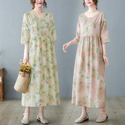 Summer New Literary Large Size Loose Thin Round Neck Five-minute Sleeve Age Reduction Women's Dresses