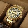 Luxury Gold Skeleton Quartz Watch for Men, Retro Carved Bezel Stainless Steel Band Waterproof Luminous Business Wristwatch