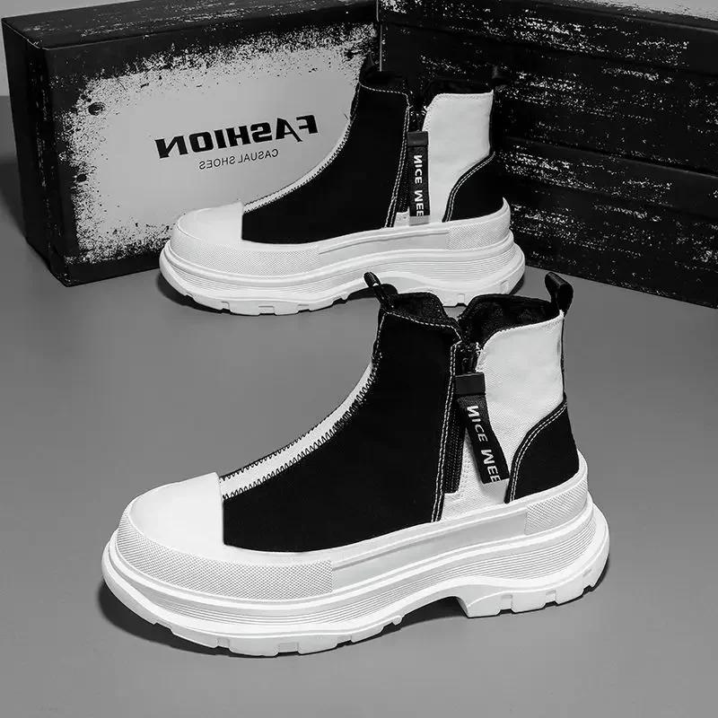 Autumn Men Casual Sneakers Canvas Chunky Platform Ankle Boots High-cut Zip Patchwork Sneakers Male Breathable Sport Shoes 38-44
