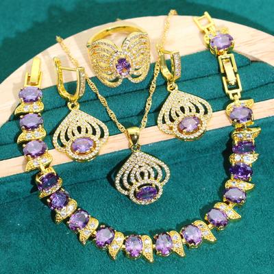 European and N Fashion Classic Zircon Necklace Earrings Bracelet Ring Set Emerald