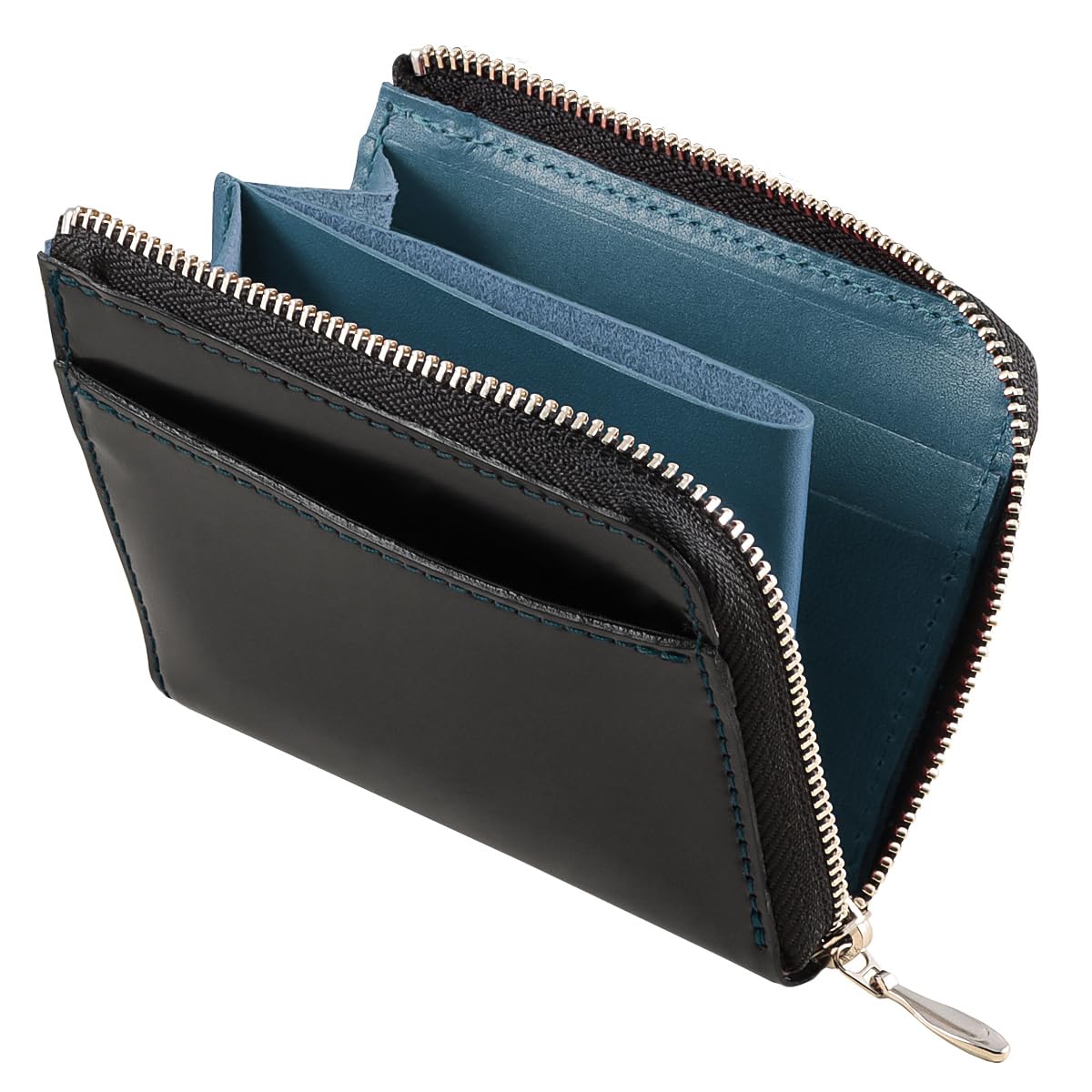 

El Diablo Men s Bifold Wallet, Compact, Genuine Cordovan Leather, Tochigi Leather, Thin, L-Shaped Zipper, Made in Japan [EL-C3148] (Black x Navy)