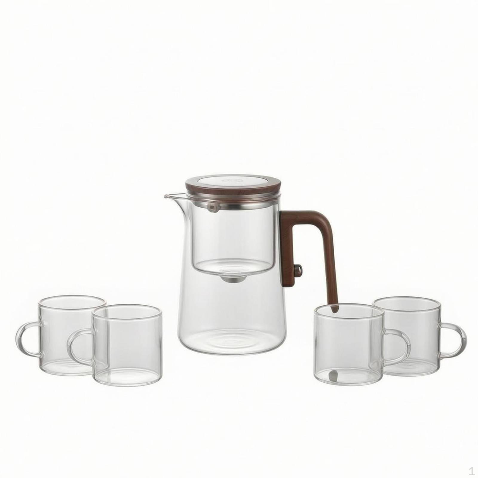 Infuser Teapot Set Transparent Glass with Teacups WoodGrain Handle Tea Pot