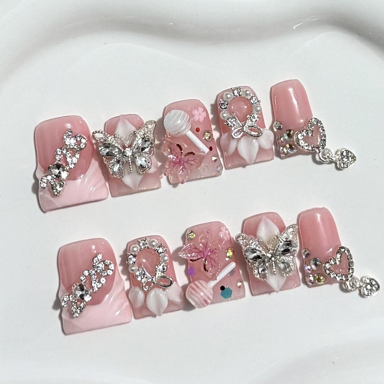 European & American Style 3D Carved French Alloy Handmade Wearable Nails Medium with Tool Kit
