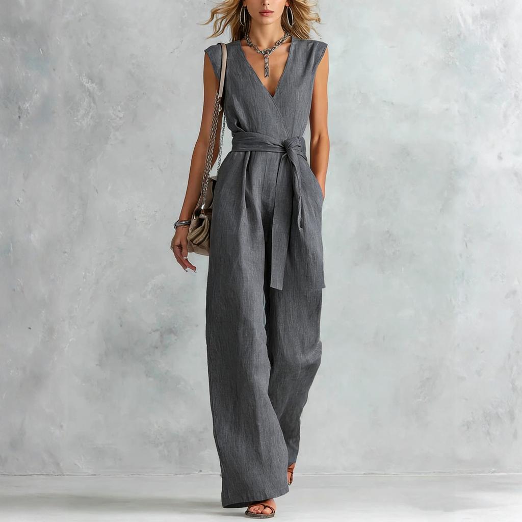 Damen V-Ausschnitt Weiter Bein Ärmellos Mit Gürtel Lang Jumpsuit