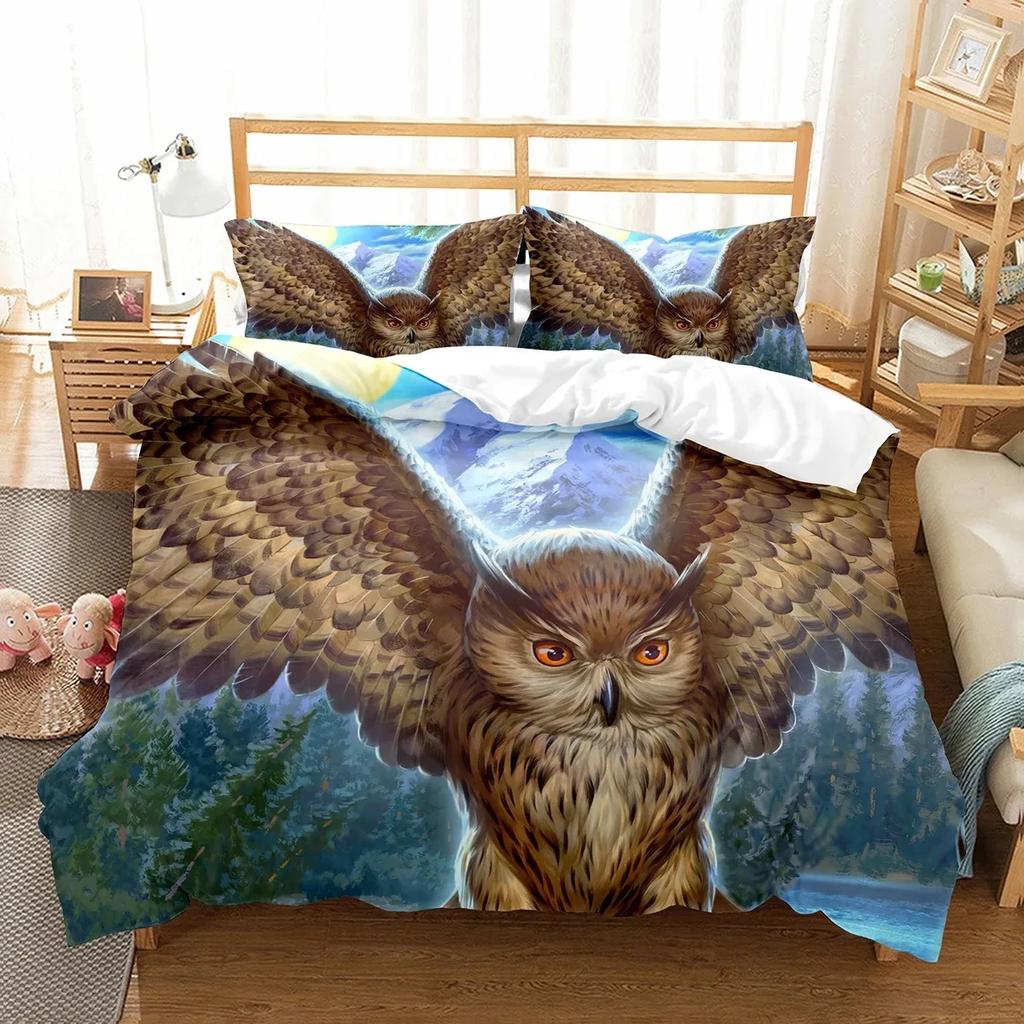 Eulen Bettbezug Set Niedlicher Vogel Polyester Bettdeckenbezug für Jungen Mädchen Kinder Bettwäsche Set King Size Bettdeckenbezug mit Kissenbezug