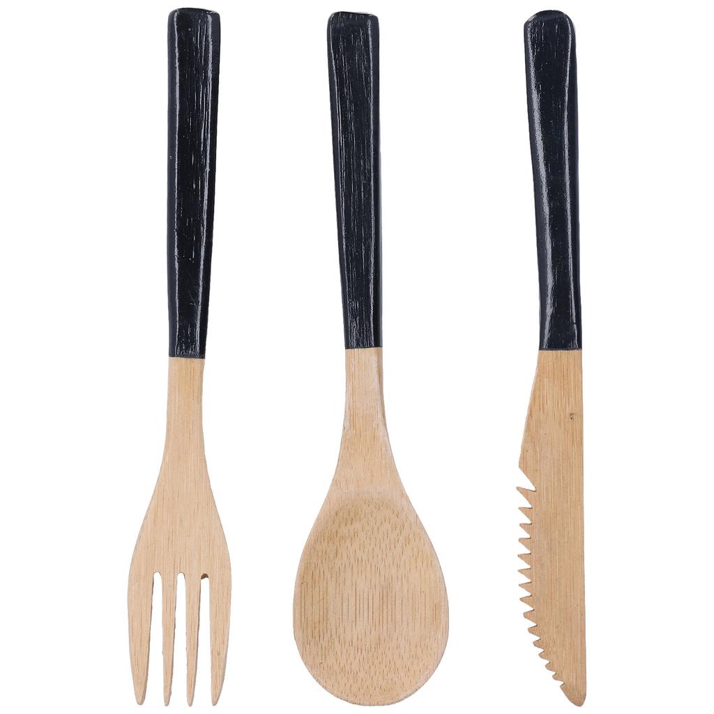 3Pcs Japanese Wooden Cutlery Set Safe BPA Free Wooden Cutlery Spoons Forks Knives for KitchenBlack