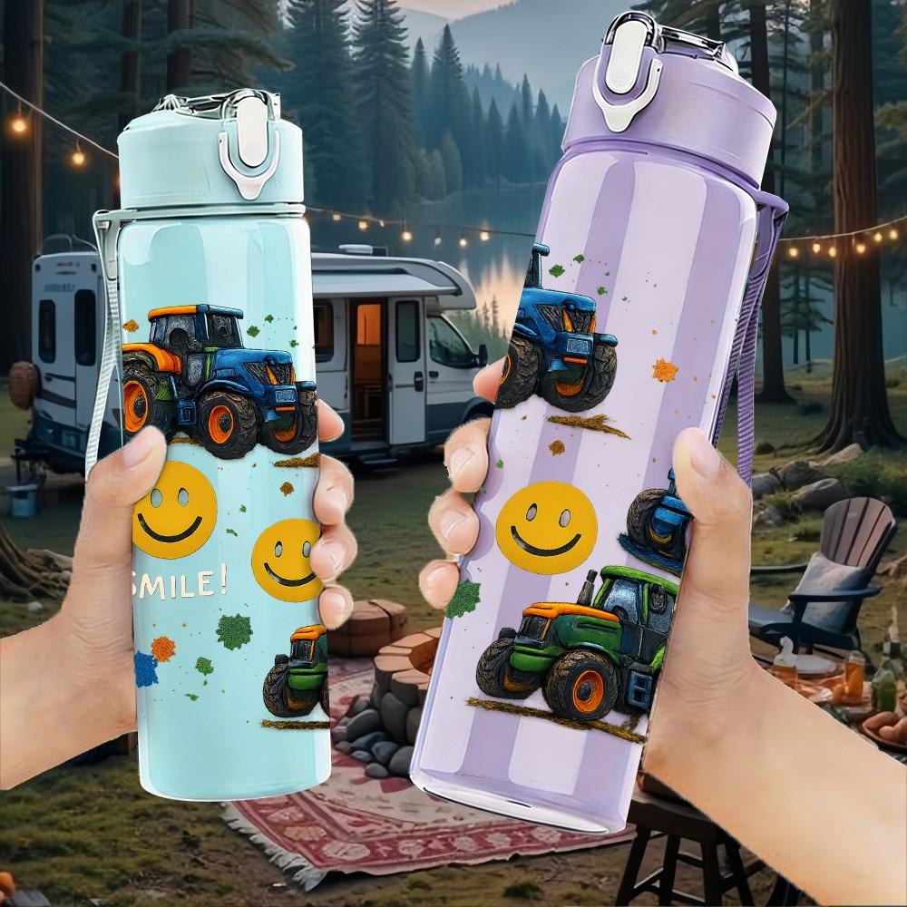 1PC Smiley Face Tractor Pattern 750ml Color Plastic Sports Water Bottle Leakproof Flip Straw Lid Suitable for Sports Office Home Use