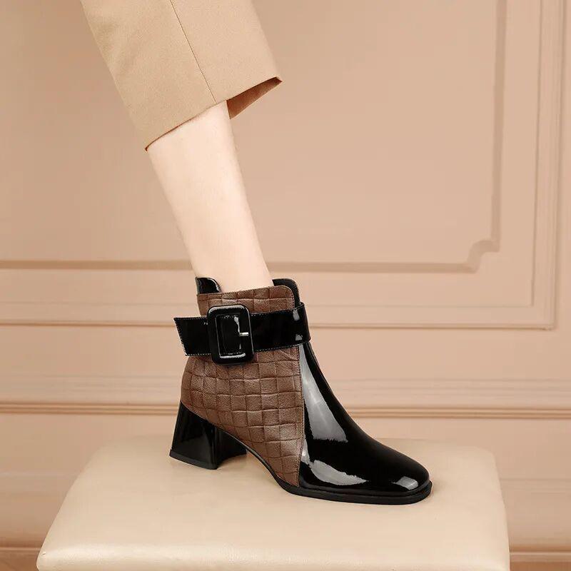 Women's 2025 Autumn/Winter British Style Fleece-Lined Square Toe Chunky High Heel Ankle Boots