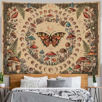 Cottagecore Celestial Butterfly Tapestry, Retro Mushroom & Moon Print with Snails, Bohemian Wall Art for Nature & Witchy Homes