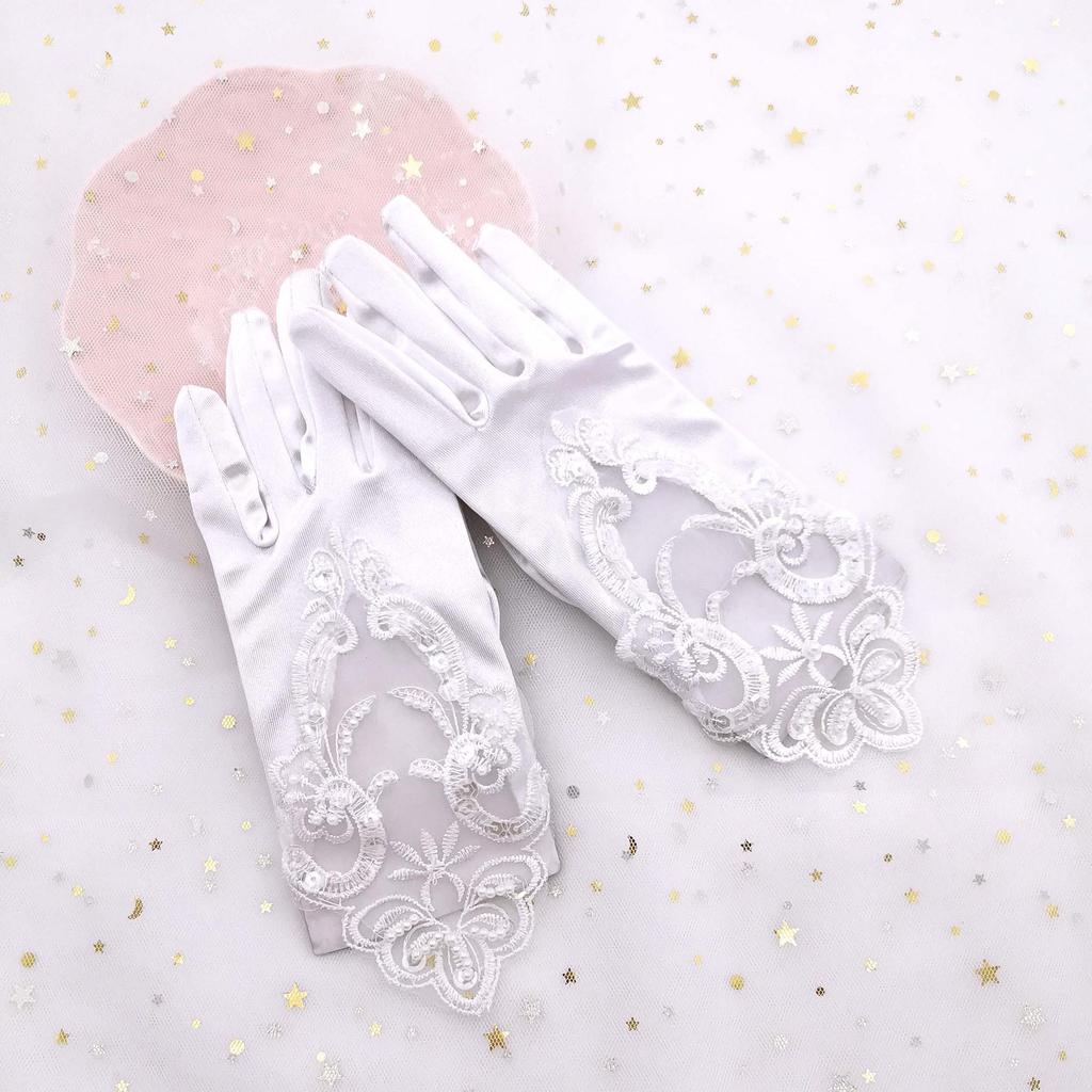 Children's Lace Beaded Satin Stretch Flower Girl Dress with Gloves for Weddings and Performances.