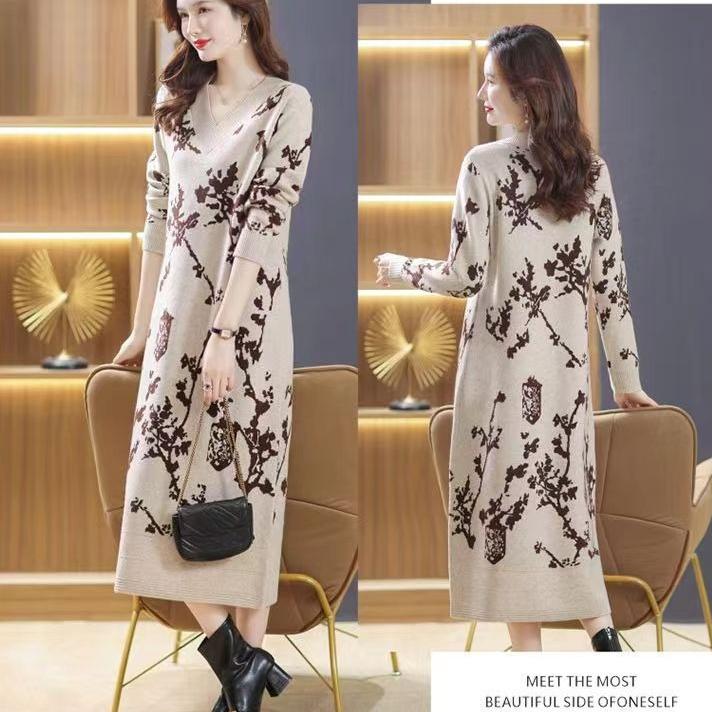 Jacquard V-Ausschnitt Strickkleid für Damen Midilänge Lockerer Pulloverkleid für Herbst und Winter Lässiger Strickpullover