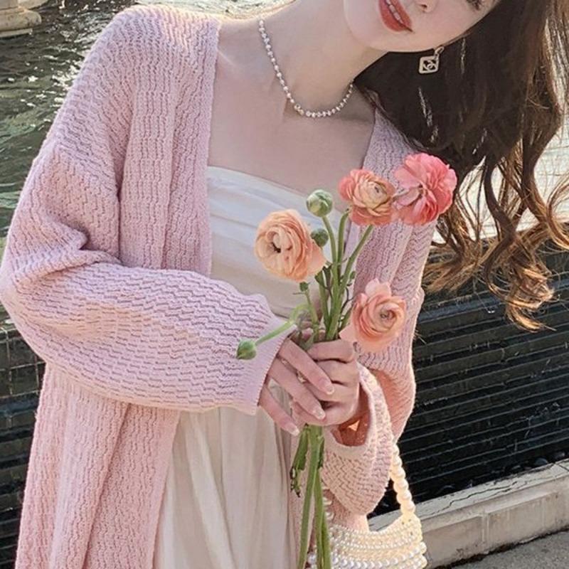 Knitted cardigan women's thin suspender dress, overcoat, autumn with sunscreen shawl, long sweater jacket