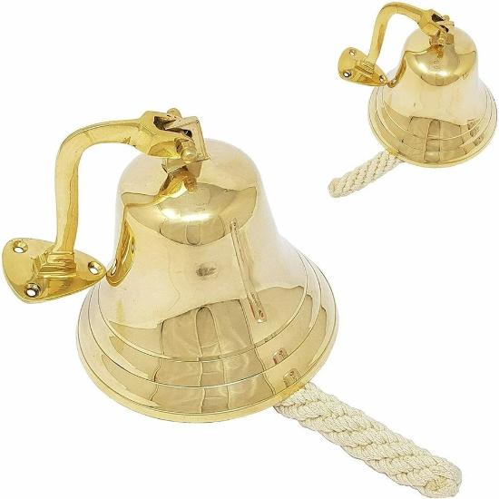Cloche de bateau en laiton maritime - Cloche de veille de jour 100 % laiton pur à thème nautique, décoration de bateau avec cordon en corde