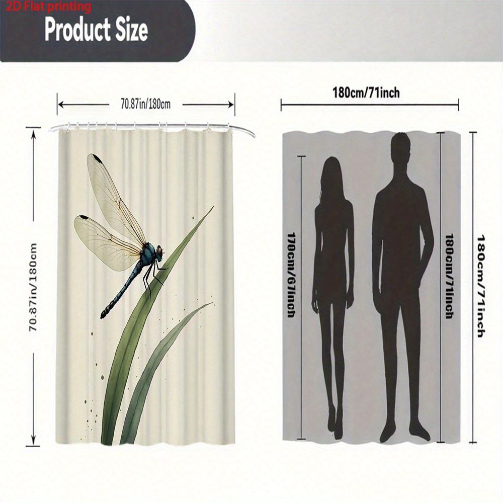 Dragonfly on Leaf Shower Curtain 1pc – Watercolor Style Blue Insect & Green Plant, Nature Art for Zen Bathroom Decor