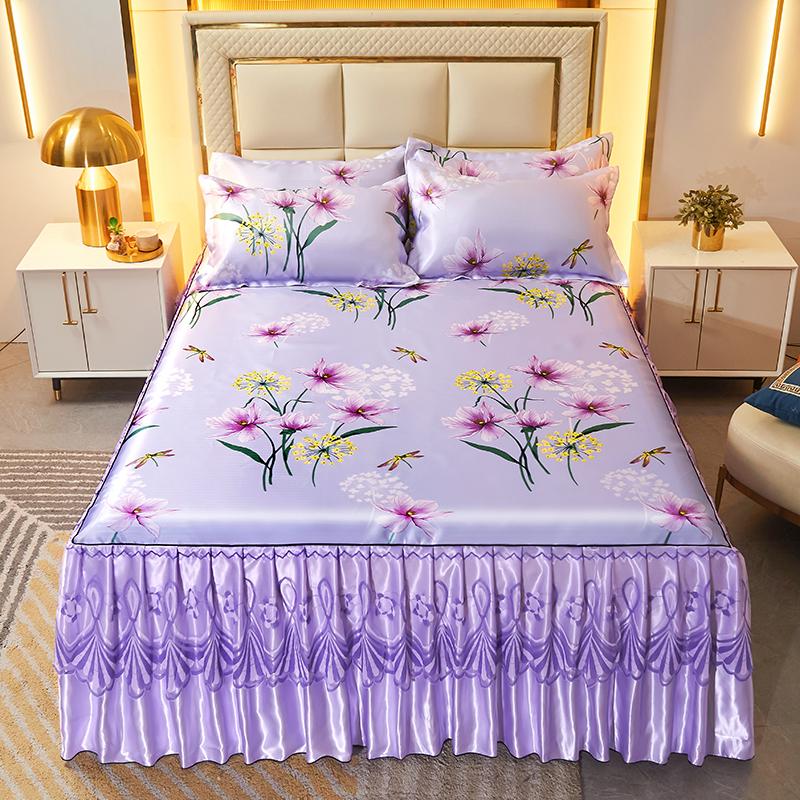Pink Flowers Lace Bed Skirt Set Summer Ice Silk Smooth Comfortable Bedspread with Pillowcases Luxury Queen King Size Bedding Set