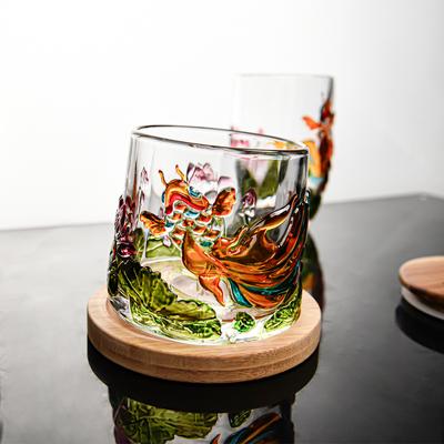 Creative Relief Painted Country Tide Wind Koi Fish Rotating Tumbler Whiskey Wine Glass Crystal Glass Foreign Wine Cup
