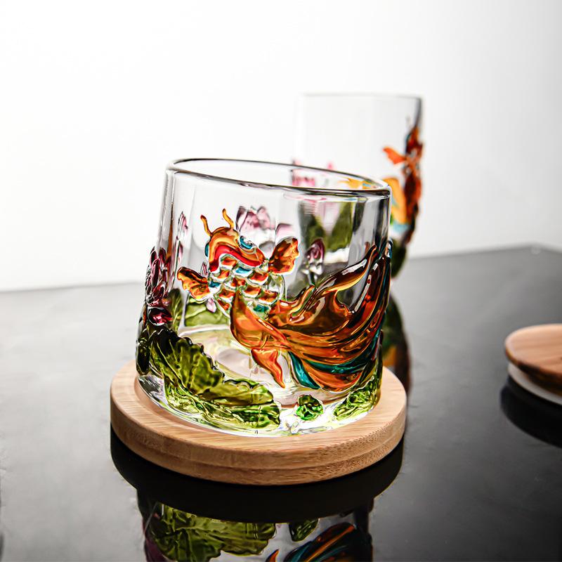 Chinese Style Painted Rotating Glass Cup with Base Whiskey Glass Creative Koi Lotus Design