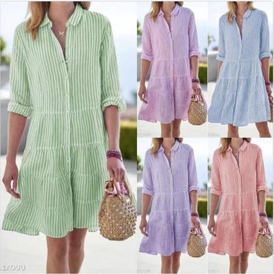Women's Shirt Dress Summer Long Sleeve Loose Casual Women's Striped Dress Elegant A Line Turn Down Collar Simple Button Up Office Ladies Dresses