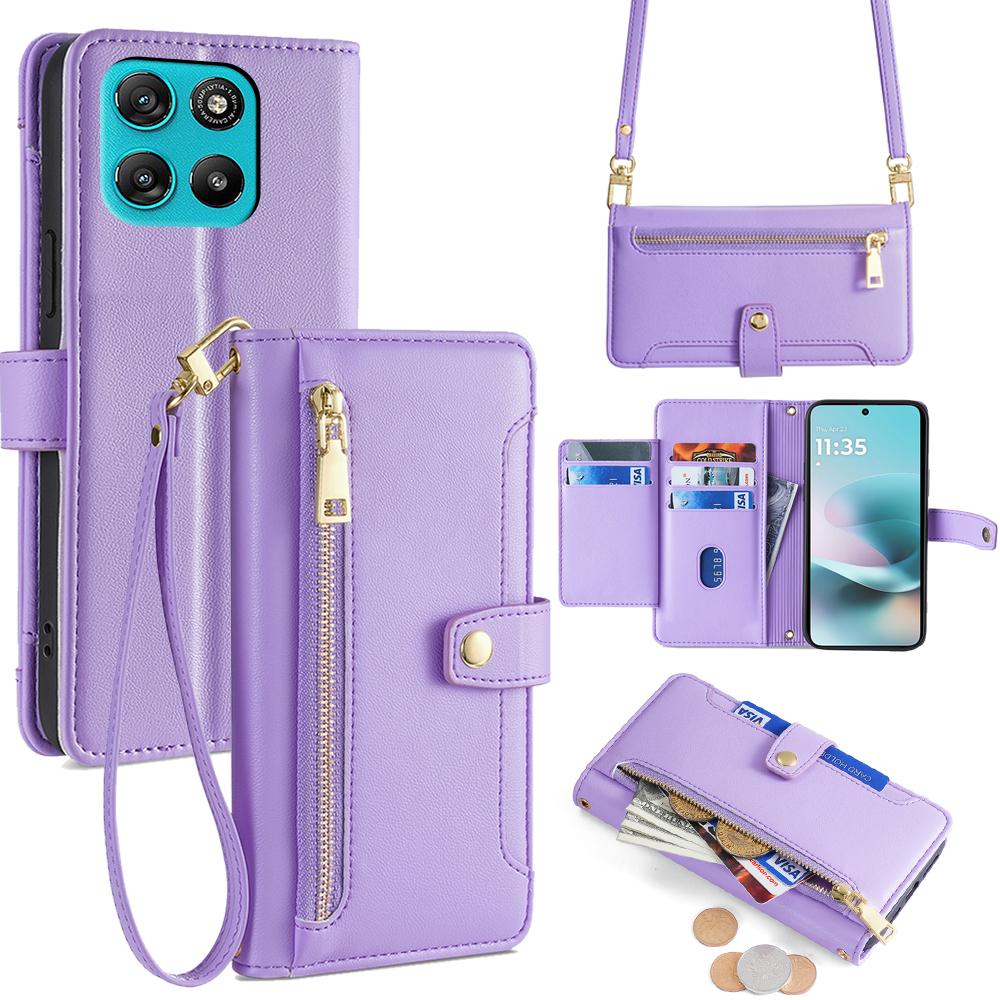 Voor Motorola Moto G67 Power 5G Leren Hoesje Portemonnee met Ritsvak Telefoonhoes met 2 Riemen