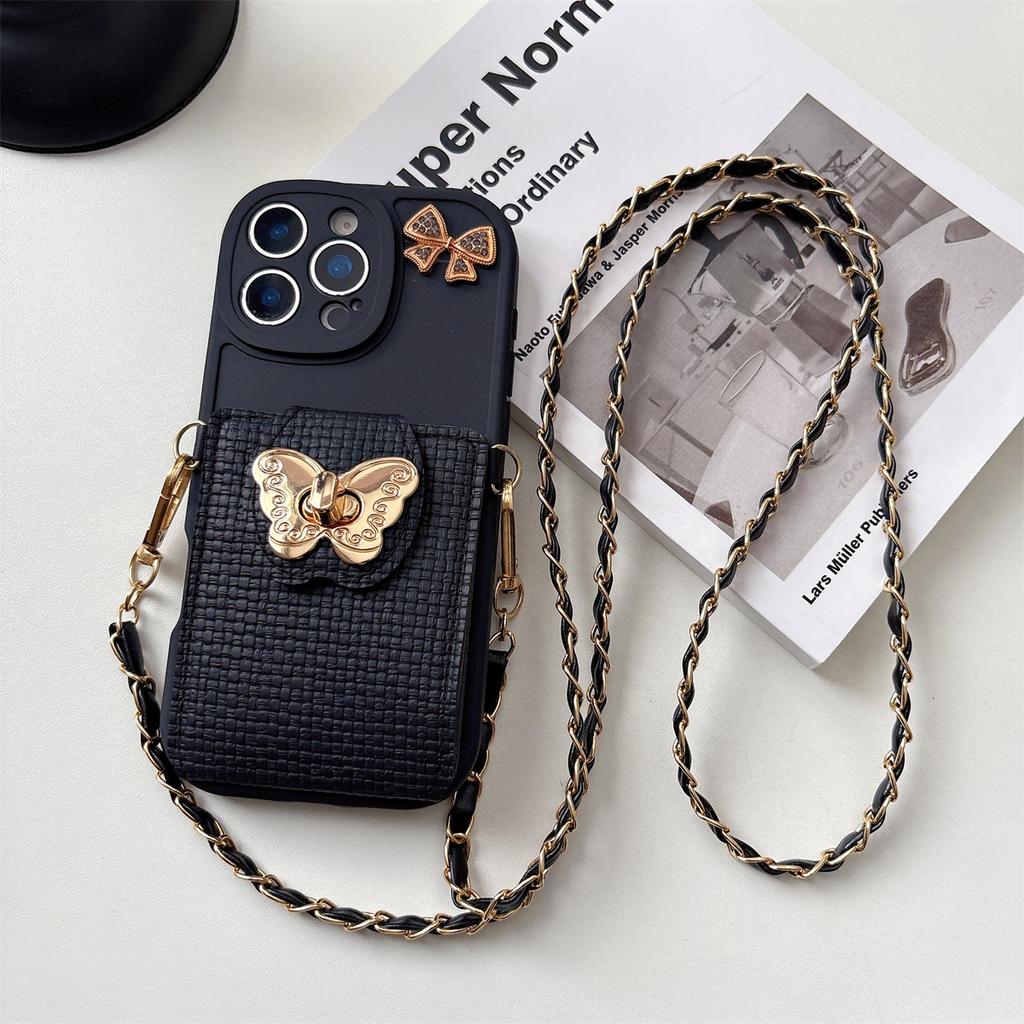 Cartoon Butterfly Crossbody Wallet Card Bag Phone Case for IPhone 16E 17 Air 16 Plus 15 14 13 12 11 Pro Max XS Protective Cover