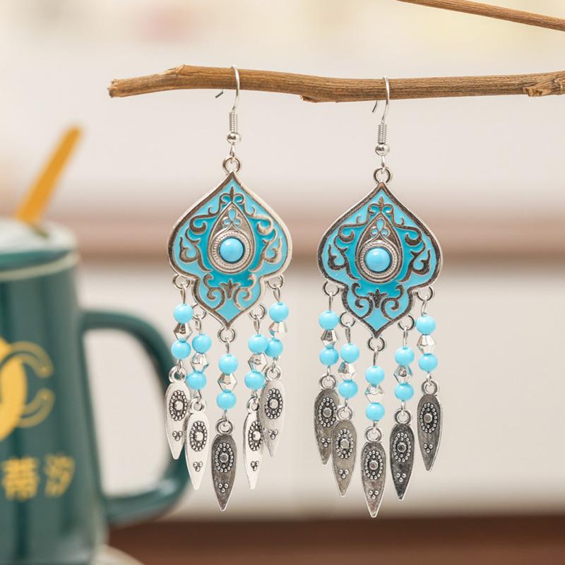Ethnic Unique Pattern Geometric Charm Earrings for Women Creative Drop Oil Colorful Beads Metal Tassel Hanging Earrings Jewelry