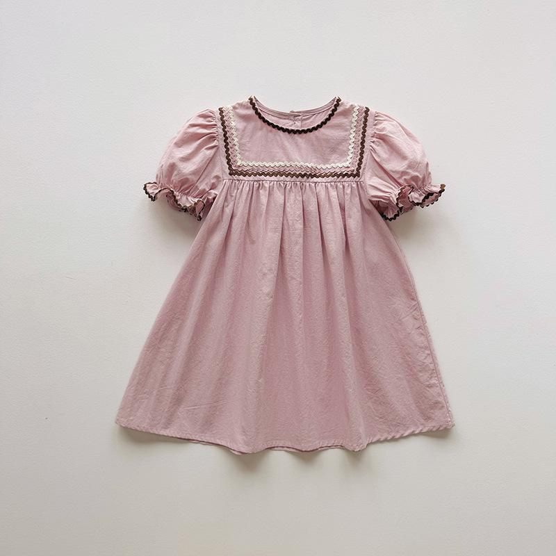 Summer Girls Square Neck Puff Sleeve Dress Solid Lace Trim Princess Short Sleeve Children Dress 90cm