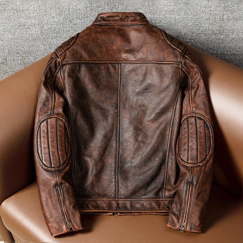 Genuine Leather Jacket Men Distressed Brown Vintage Stand Collar Biker Coat Large Size