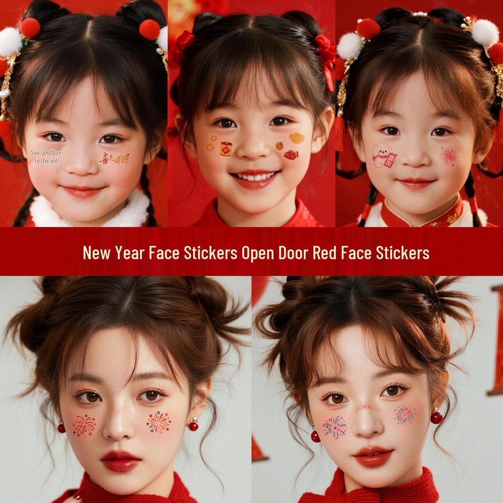 2026 New Year Glitter Face Tattoo Stickers - Spring Festival Cartoon Colors for Stage and Makeup