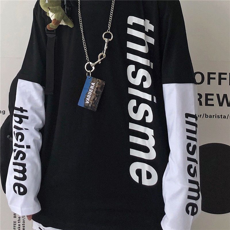 Fake Two-piece Original Diablo Anime Letter Printed Top Spring and Autumn Loose Hip-hop All-match Men's Long-sleeved T-shirt