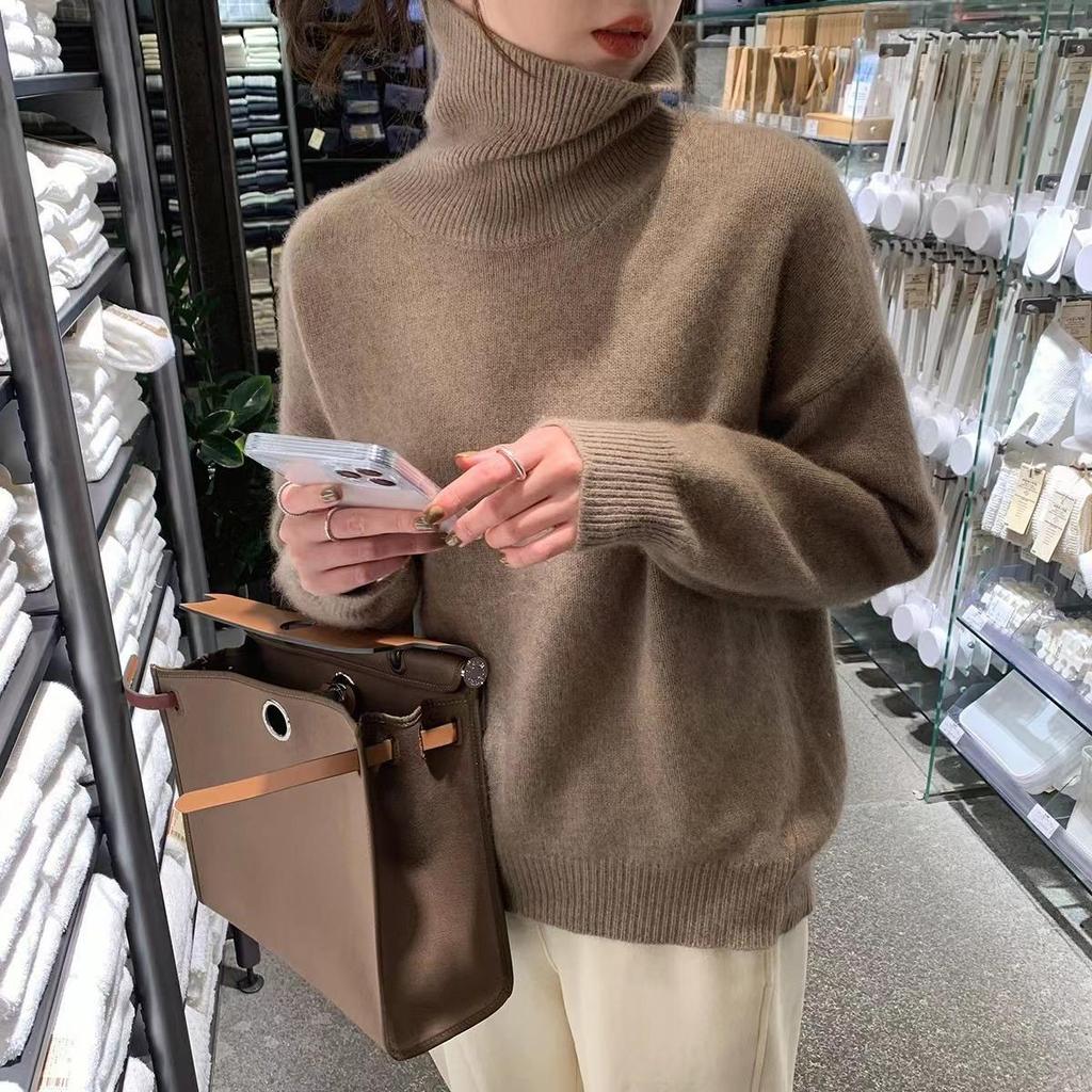 Women's European & American High Neck Wool Sweater - Autumn/Winter Soft Thick Loose Pullover Knitwear, Solid Color.