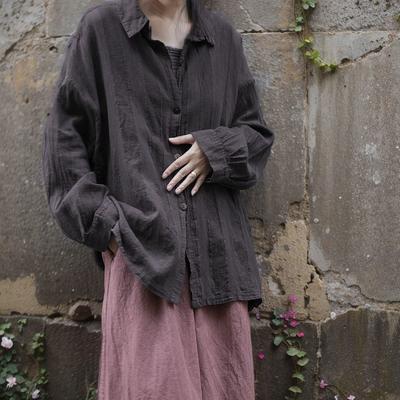 Vintage Casual Solid Color Stripe Jacquard Shirt Woman Autumn Loose Single Breasted Shirt