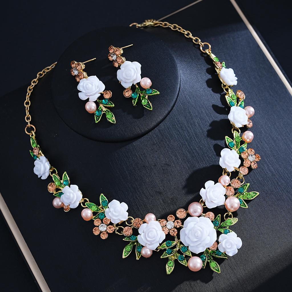 French Gentle Pink Rose Flower Pearl Necklace Earrings Set Mori Fresh Bridal Dress Accessories Women's 2026